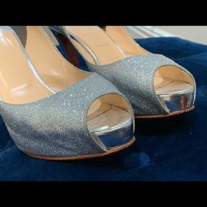 Christian Louboutin Baby Blue Glitter. Fabric New Very Prive Peep Toe Pumps